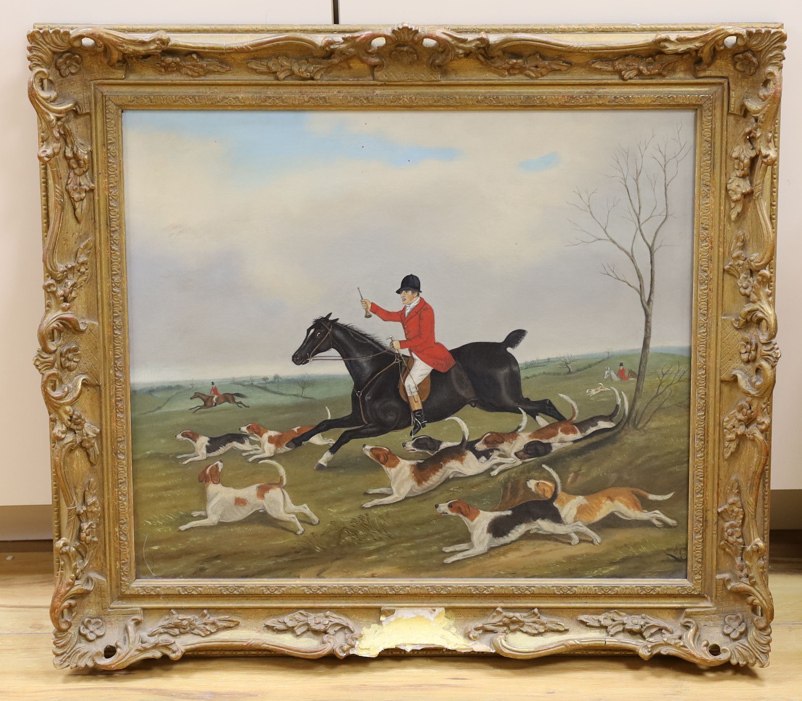 E.C., oil on canvas, Huntsman and hounds in full cry, initialled, 44 x 52cm